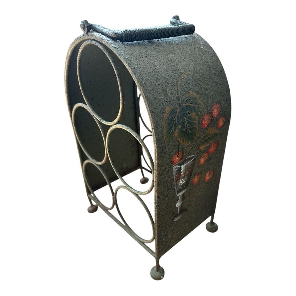 Vintage Shabby Chic 5‑Bottle Wine Rack Hand‑Painted Fruit Wine Motif Cottage